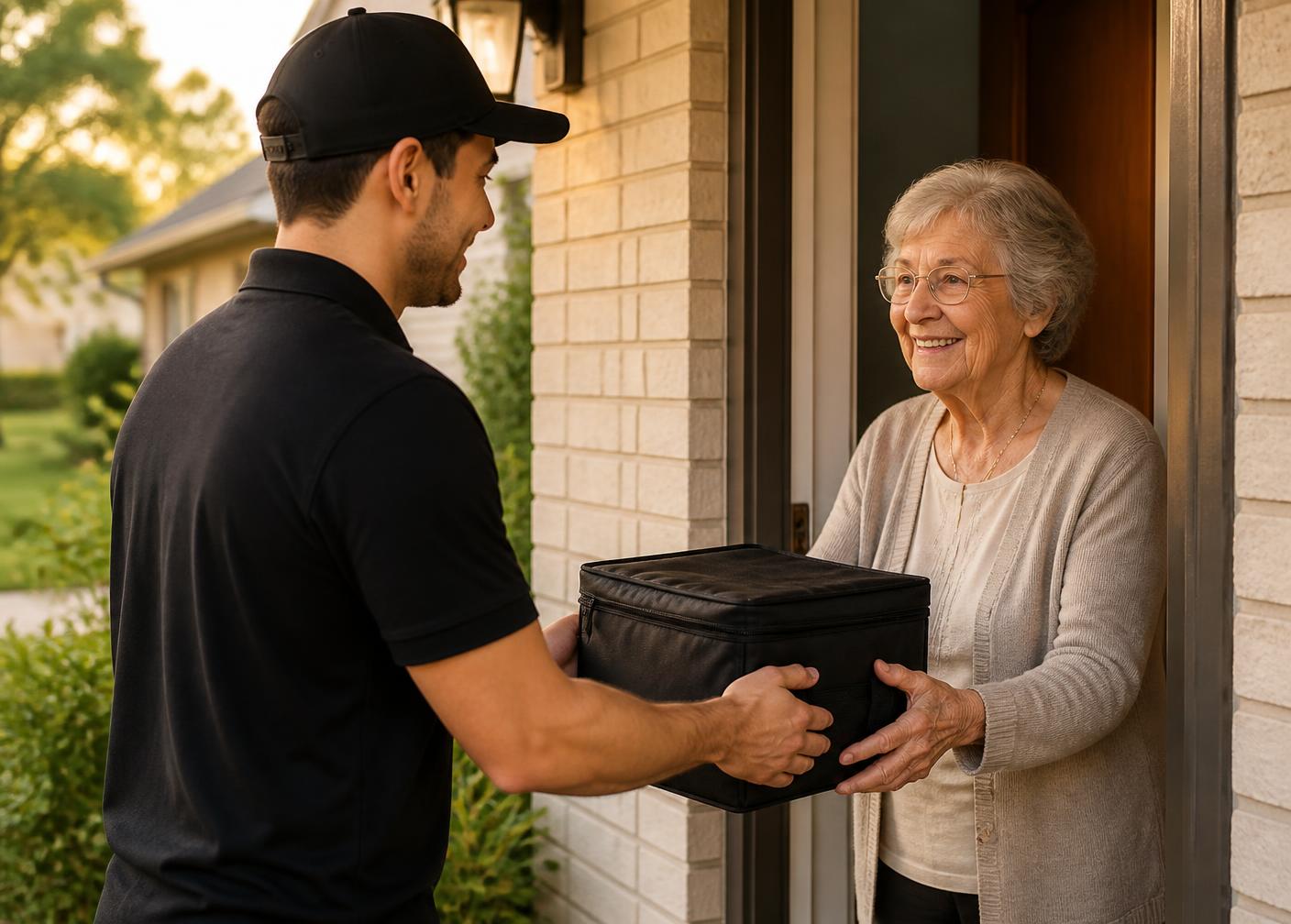 Delivery professional handing an insulated meal bag to a senior resident at her door