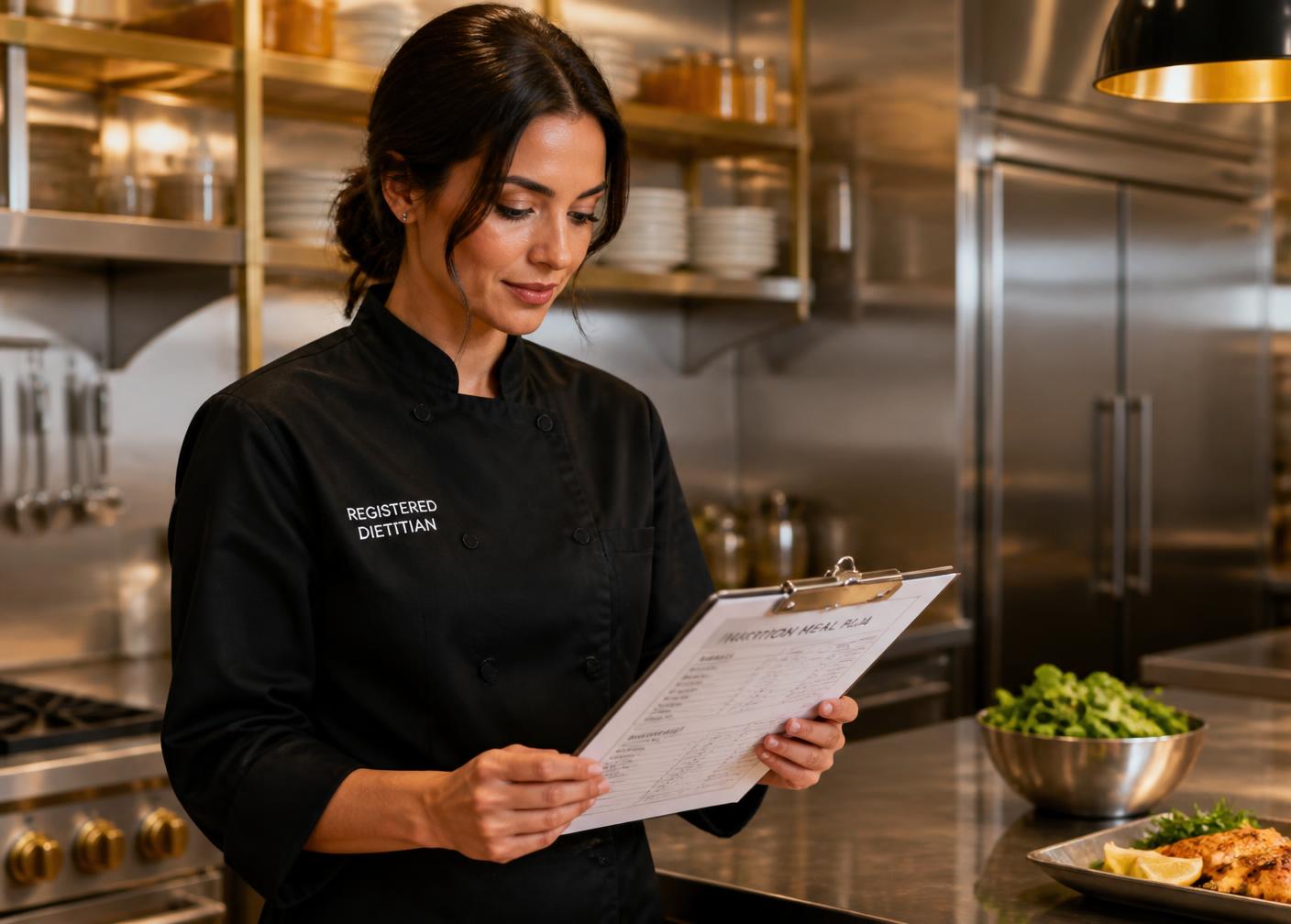 Registered dietitian reviewing a nutrition meal plan in a commercial kitchen